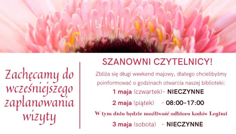 Godziny otwarcia biblioteki w weekend majowy