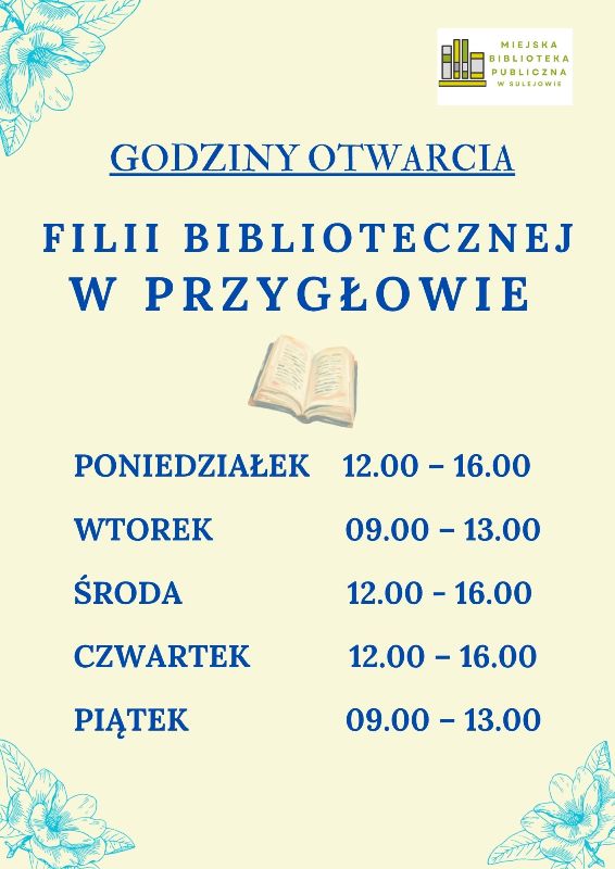 📢 UWAGA! ZMIANA GODZIN OTWARCIA FILII BIBLIOTECZNEJ W PRZYGŁOWIE